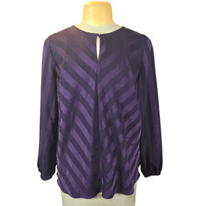Liz Claiborne Women's L Purple Striped‎ Keyhole Long Sleeve Blouse Top Career